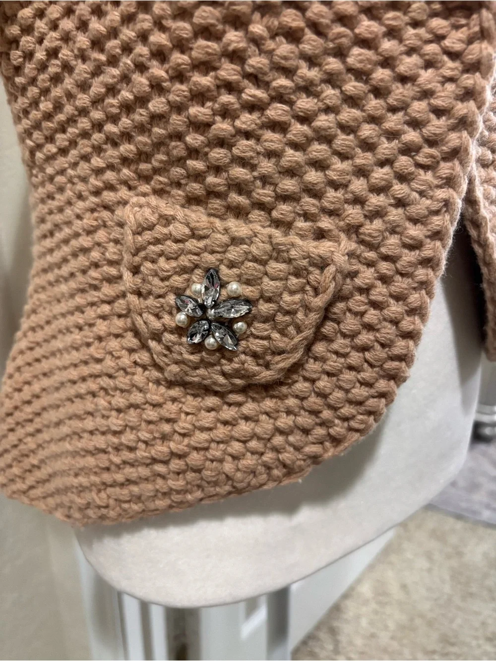 Crystal-Pocket Short-Sleeve Knit Cardigan in Light Beige